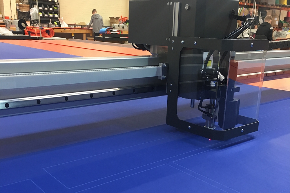 Webbing cutting machine at the Trans-Web factory in Greater Manchester